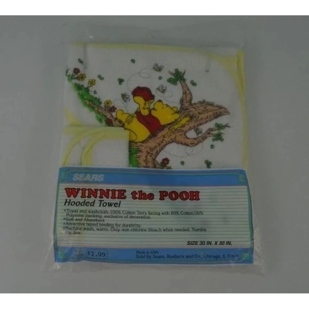 Vintage Sears Winnie the Pooh Hooded Baby Bath Towel & Washcloth USA Made NEW